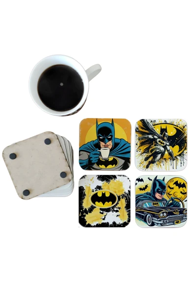 GHOSTBASTIR DESİGN Batman Dekoratif Ahşap Bardak Altlığı Seti 0119 ürün görseli 1