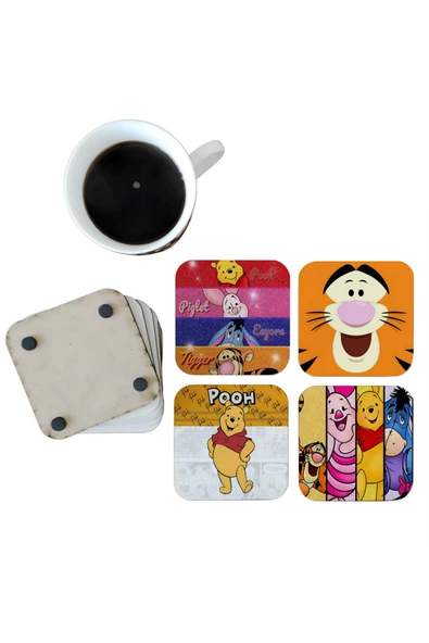 GHOSTBASTIR DESİGN Winnie The Pooh Dekoratif Ahşap Bardak Altlığı Seti 034 ürün görseli 1