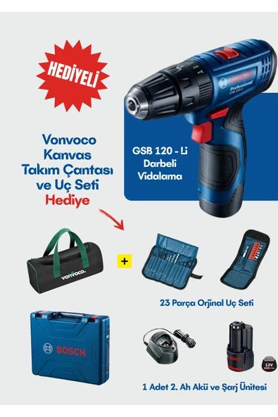GSB 120 Li Akülü Vidalama Darbeli Tek Akü Şarjlı Matkap Mavi 12 Volt (23 Parça Uç Seti Çanta Hediye) ürün görseli 1