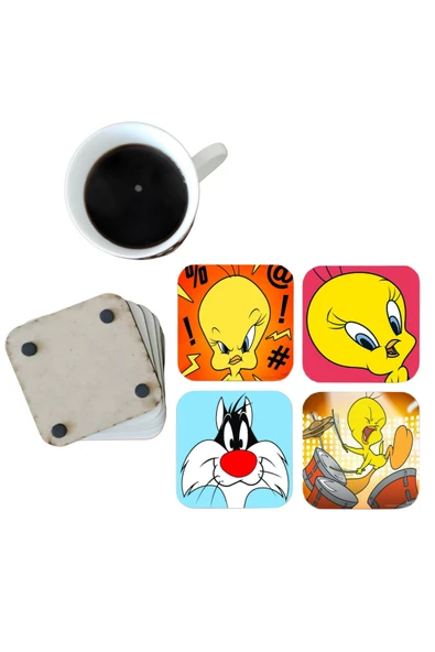 GHOSTBASTIR DESİGN Tweety Dekoratif Ahşap Bardak Altlığı Seti 048 ürün görseli 1