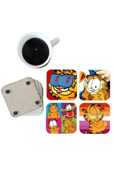 GHOSTBASTIR DESİGN Garfield Dekoratif Ahşap Bardak Altlığı Seti 0110 ürün görseli 1
