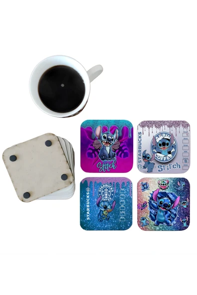 GHOSTBASTIR DESİGN Stitch Dekoratif Ahşap Bardak Altlığı Seti 062 ürün görseli 1