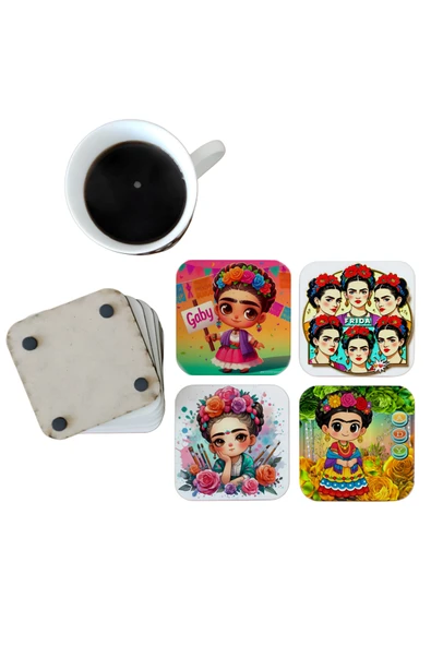 GHOSTBASTIR DESİGN Frida Kahlo Dekoratif Ahşap Bardak Altlığı Seti 0100 ürün görseli 1
