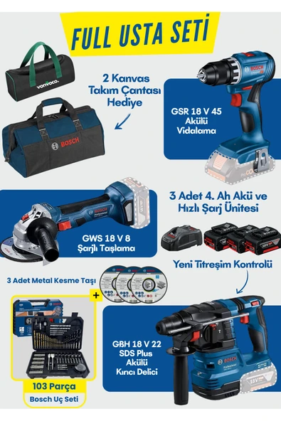 GBH 18 V 22 + GWS 18 V8 + GSR 18 V 45 Şarjlı Darbeli Vidalama Akülü Taşlama Kırıcı Delici Hilti Seti ürün görseli 1