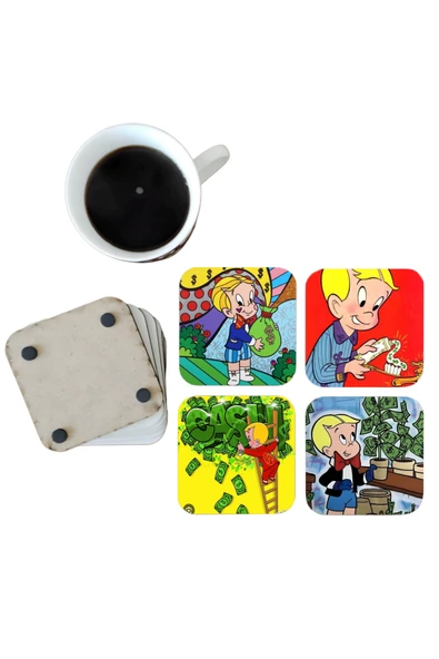 GHOSTBASTIR DESİGN Richie Rich Dekoratif Ahşap Bardak Altlığı Seti 064 ürün görseli 1