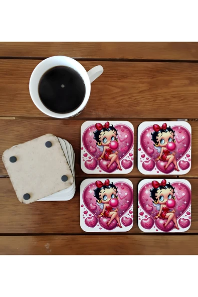 GHOSTBASTIR DESİGN Betty Boop Dekoratif Ahşap Bardak Altlığı Seti 054 ürün görseli 1