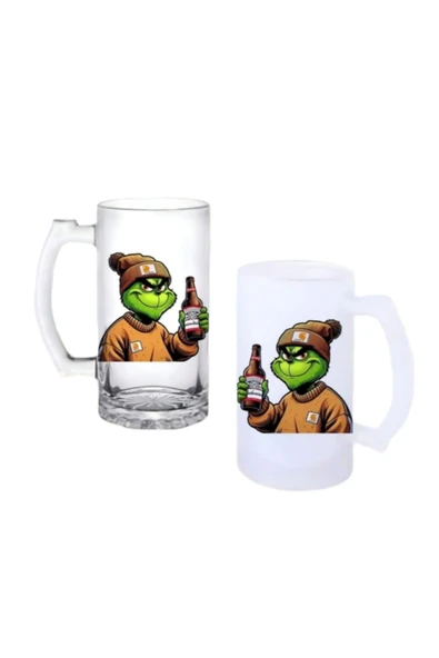 GHOSTBASTIR DESİGN Grinch Kulplu Bira Bardağı Buzlu veya Şeffaf Seçenekli 083 ürün görseli 1
