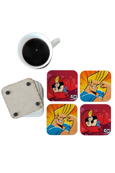 GHOSTBASTIR DESİGN Johnny Bravo Dekoratif Ahşap Bardak Altlığı Seti 0118 ürün görseli 1