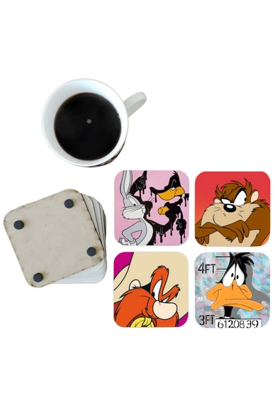 GHOSTBASTIR DESİGN Looney Tunes Dekoratif Ahşap Bardak Altlığı Seti 0106 ürün görseli 1