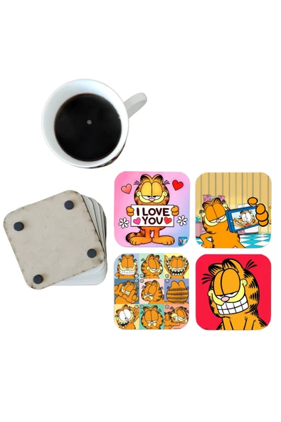 GHOSTBASTIR DESİGN Garfield Dekoratif Ahşap Bardak Altlığı Seti 0111 ürün görseli 1