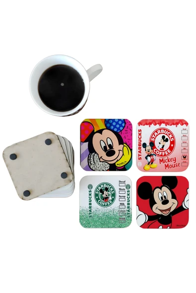 GHOSTBASTIR DESİGN Mickey Mouse Dekoratif Ahşap Bardak Altlığı Seti 087 ürün görseli 1