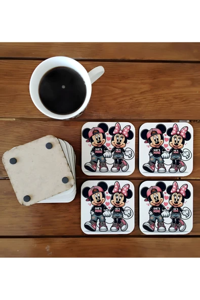 GHOSTBASTIR DESİGN Mickey Mouse Dekoratif Ahşap Bardak Altlığı Seti 031 ürün görseli 1