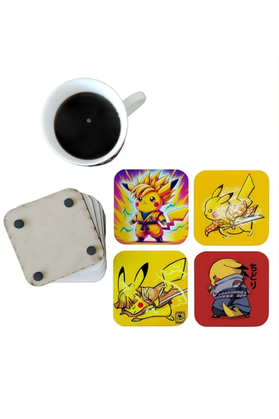 GHOSTBASTIR DESİGN Pikachu Dekoratif Ahşap Bardak Altlığı Seti 077 ürün görseli 1
