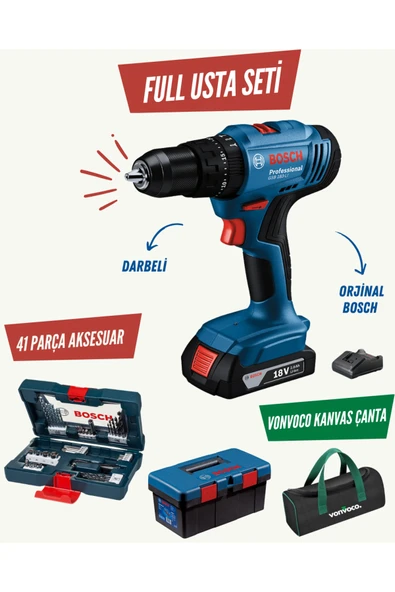 GSB 183 Li Darbeli Şarjlı Vidalama Tek Akülü Matkap 18 Volt 2.0 Ah 41 Parça Profesyonel Uç Seti Hediye ürün görseli 1