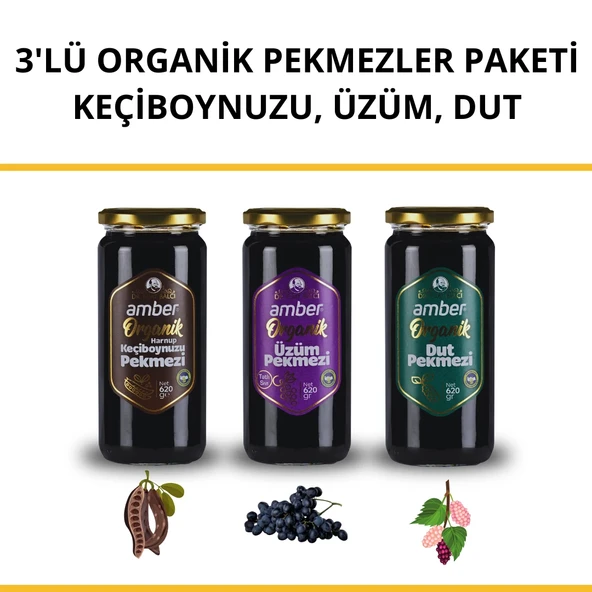 3'lü Organik Pekmezler Paketi Keçiboynuzu 620 gr, Dut 620 gr ve Üzüm 620 gr ürün görseli 1