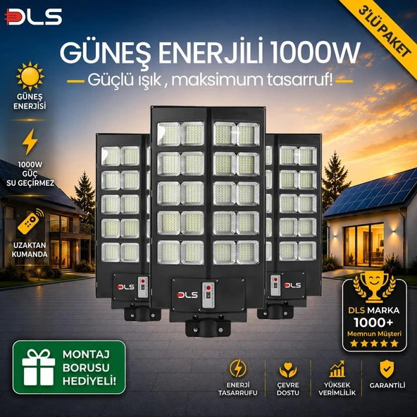 3'lü Paket DLS 1000W Güneş Enerjili Solar Sokak Lambası Hareket Sensörlü LED Bahçe Aydınlatması ürün görseli 1