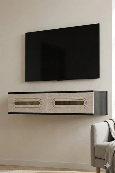 TDA1220ATG RANY Duvara Montaj Tv Sehpası Antrasit-Traverten-Gold 120cm ürün görseli 1