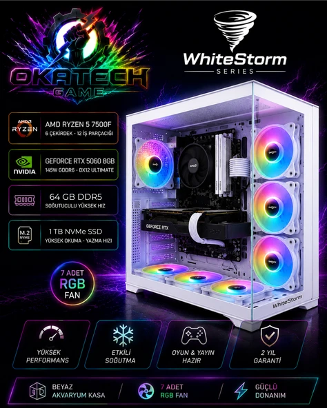 Ryzen 5 7500F 64 GB DDR5 1 TB NVMe SSD RTX5060 8GB 145W Windows 11 Pro 7 RGB Fanlı Beyaz Akvaryum Kasa Oyuncu Bilgisayarı ürün görseli 1