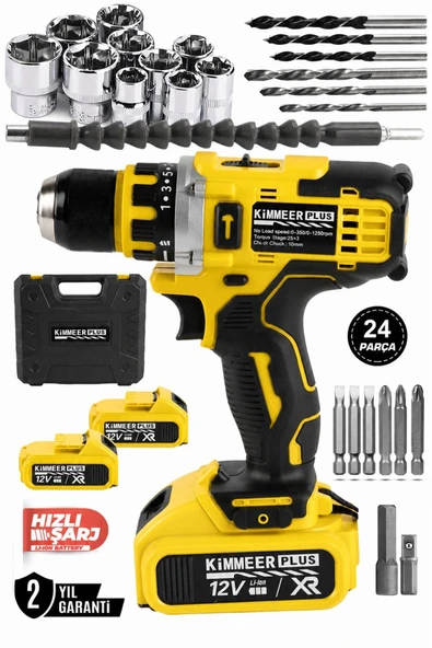 KİMMEER PLUS 12v 1.5 Ah Metal Şanzıman Çift Akülü Şarjlı 24 Parça Akülü kırmızı Vidalama Matkap ürün görseli 1