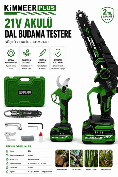 KİMMEER PLUS 21v 4ah Çift Akülü Çelik Şanzıman Dal Budama Makası & Testeresi 2 Li Set renk farklılık gösterebilir ürün görseli 1