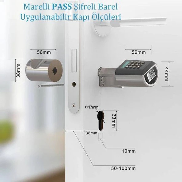 Marelli PASS şifreli ve kartlı çelik kapı kilidi kapı göbeği, silindiri - Resim 2