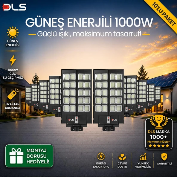 10'lu Paket DLS 1000W Güneş Enerjili Solar Sokak Lambası Hareket Sensörlü LED Bahçe Aydınlatması ürün görseli 1