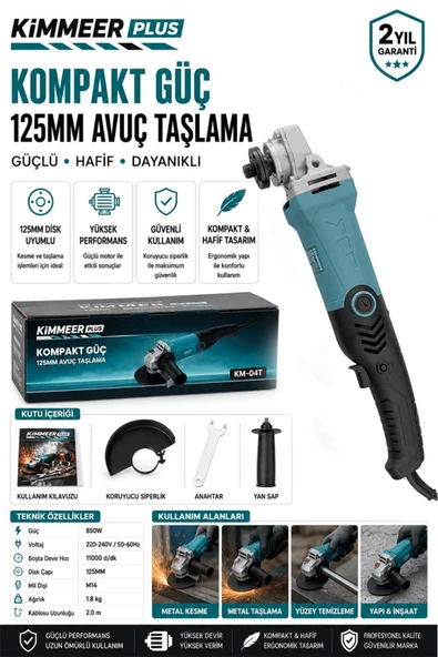 KİMMEER PLUS 850W 6 KADEMELİ UZUN KUYRUK125 MM AVUÇ TAŞLAMA MAKİNESİ ürün görseli 1