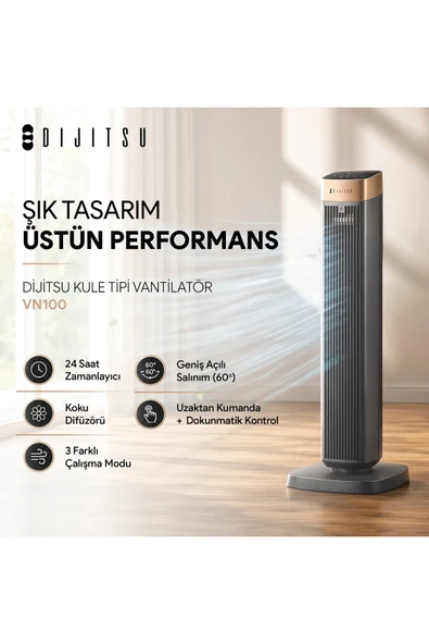 Dijitsu VN100 Kule Tipi Vantilatör – 45W, Zaman Ayarlı, 3 Hız Kademeli, Koku Difüzörü, Uzaktan Kumandalı, Dokunmatik Kontrol, Geniş Açılı Salınım 60° ürün görseli 1