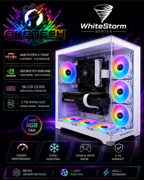 Ryzen 5 7500F 96 GB DDR5 2 TB NVMe SSD RTX5060 8GB 145W Windows 11 Pro 7 RGB Fanlı Beyaz Akvaryum Kasa Oyuncu Bilgisayarı ürün görseli 1
