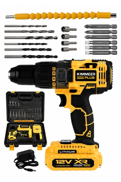 KİMMEER PLUS 12v 1.5 Ah Metal Şanzıman Çift Akülü Şarjlı 24 Parça Akülü kırmızı Vidalama Matkap ürün görseli 1
