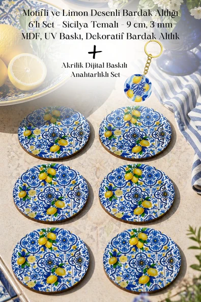 BYC TÜRKİYE Motifli Limon Desenli Bardak Altlığı 6'lı Set ürün görseli 1