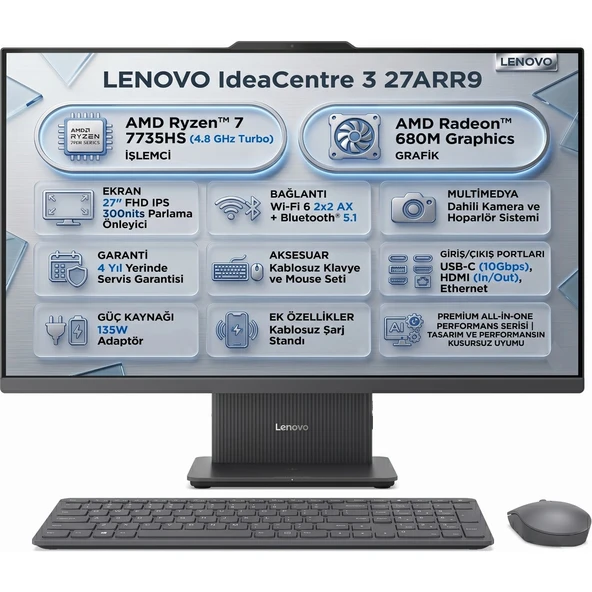 Ideacentre 3 27ARR9 Amd Ryzen 7 7735HS 16GB 1tb SSD 27" Fhd Freedos All In One Pc F0HQ00ACTR 003 ürün görseli 1