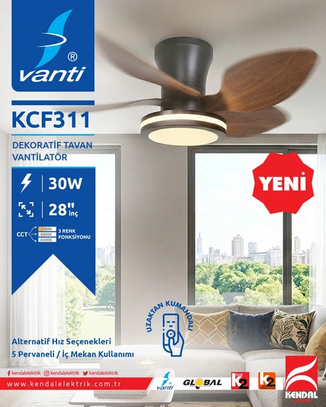 KCF311 30W LEDLI DEKORATIF PLASTIK TAVAN VANTILATÖRÜ KOYU AHSAP ürün görseli 1