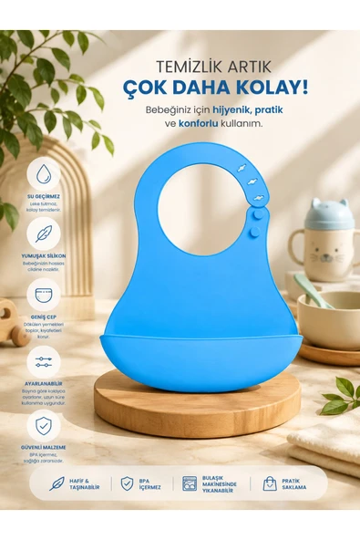Silikon Mama Önlüğü Su Geçirmez Ayarlanabilir Bebek Önlüğü BPA İçermeyen Geniş Cepli Beslenme Önlüğü Mavi ürün görseli 1