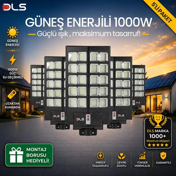5'li Paket DLS 1000W Güneş Enerjili Solar Sokak Lambası Hareket Sensörlü LED Bahçe Aydınlatması ürün görseli 1