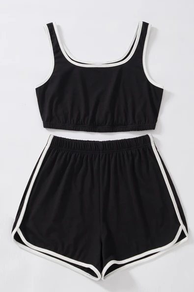 Kadın Siyah Askılı Crop Top ve Şortlu Gecelik Takım ürün görseli 1