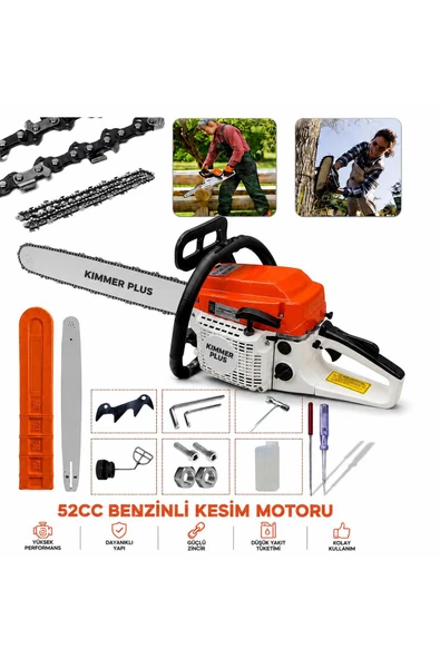 KİMMEER PLUS Benzinli Testere 2.1 Hp Çift Egzoz 52cc Ağaç Odun Kesme Makinesi Motorlu Testere Orman Bıçkı Motoru ürün görseli 1