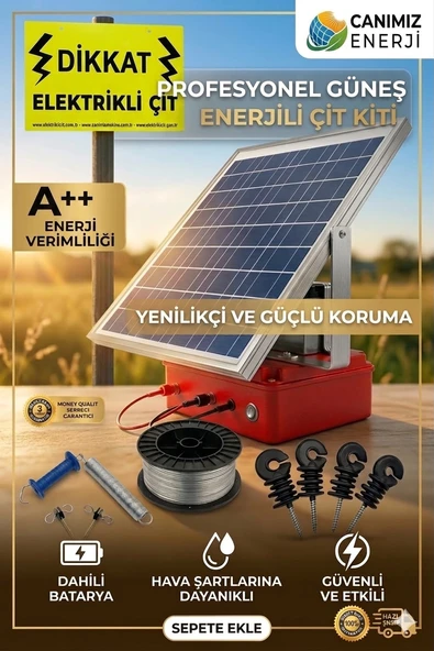 Elektrikliçit Çit Sistemleri Güneş Enerjili Elektrikli Çit Tam Set (5-6 Dönüm) 1000m Tel 25W Panel Yaban Domuzu Koruma Çiti ürün görseli 1
