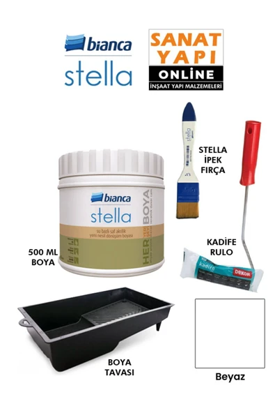 Bianca Stella Boya 4 Parçalı Set ( 500 Ml Boya - Boya Tavası- Stella İpek Fırça - Kadife Rulo ) Beyaz ürün görseli 1