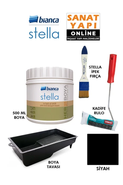 Bianca Stella Boya 4 Parçalı Set ( 500 Ml Boya - Boya Tavası- Stella İpek Fırça - Kadife Rulo ) Siyah ürün görseli 1