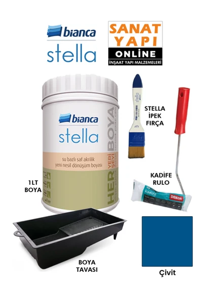 Bianca Stella Boya 4 Parçalı Set ( 1Lt Boya - Boya Tavası- Stella İpek Fırça - Kadife Rulo ) Çivit ürün görseli 1