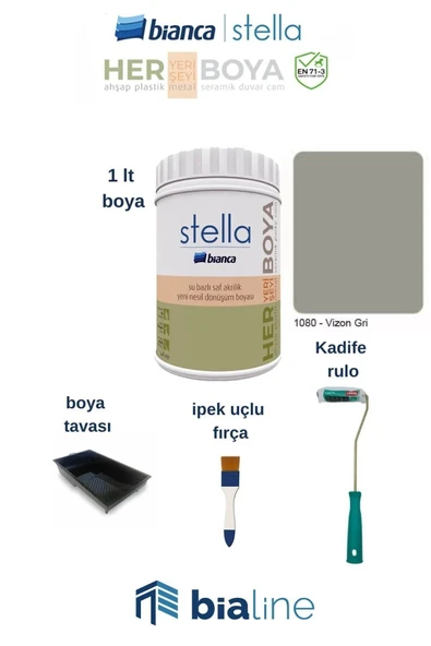 Bianca Stella Boya Seti(1 Lt Boya -Rulo-Fırça-Boya Tavası) Vizon Gri ürün görseli 1