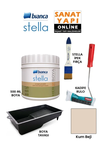 Bianca Stella Boya 4 Parçalı Set ( 500 Ml Boya - Boya Tavası- Stella İpek Fırça - Kadife Rulo ) Kum Beji ürün görseli 1