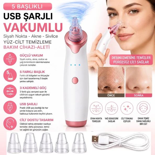 5 Başlıklı Şarjlı Vakumlu Siyah Nokta Akne Sivilce Clean Yüz Cilt Temizleme Bakım Cihazı Aleti Vakum ürün görseli 1