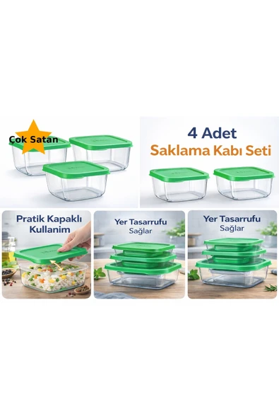 Paşabahçe Snowbox Yeşil Kapaklı Cam Saklama Kabı,4 Adetx275 cc,Reçellik,Kahvaltılık,Gıda Saklama ürün görseli 1
