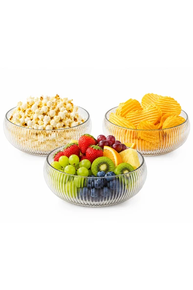 Aşkana 3’lü Cam Kase Seti, 14 cm, Çizgili Dekoratif Cam Kase, Meyvelik, Çerezlik, Salata Kasesi, Sunumluk ürün görseli 1