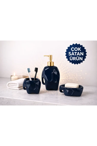 Aşkana 3’lü Seramik Fil Figürlü Lacivert Dekoratif Banyo Seti,Diş Fırçalık+Sıvı Sabunluk+Katı Sabunluk ürün görseli 1