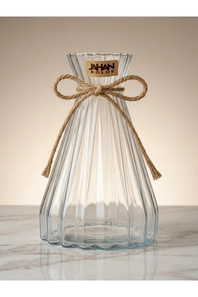 Aşkana Modern Büyük Boy Rustik Cam Vazo 23 cm,Dekoratif Şeffaf Çizgili Vintage Vazo,Salon, Masa, Çiçeklik, Bohem Ev Dekorasyonu ürün görseli 1