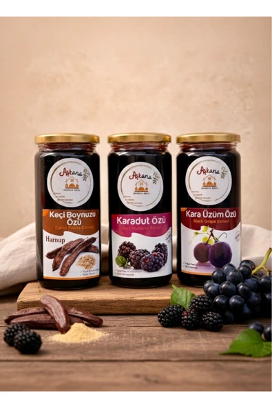Aşkana Katkısız Meyve Özü Seti (Keçiboynuzu/Harnup- Karadut-Kara Üzüm Özü), 640 g x 3, Şekersiz,%100 Meyve ürün görseli 1
