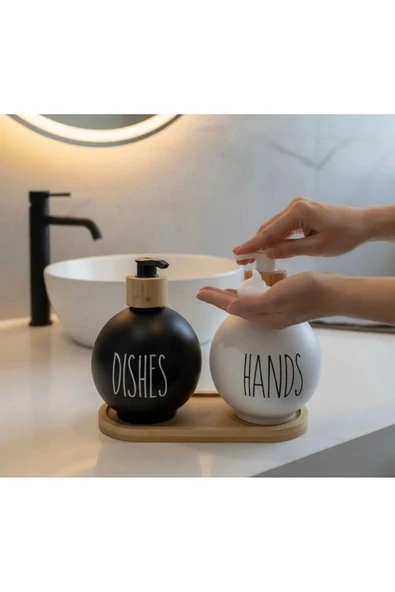 SAVOR Lüks 2'li Cam Sabunluk Seti - 450 ml Şişe ve Bambu Standlı 3 Parça Mutfak & Banyo Seti ürün görseli 1